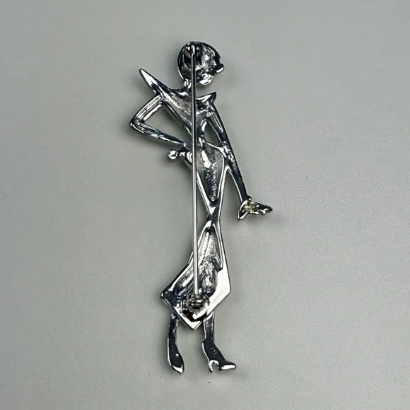Vintage Art Deco Womens Silver Tone Sculpted Glamour Lady Statement Brooch - Picture 5 of 7